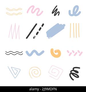 Handgezeichnete abstrakte Doodle Farbe Scribbles Set, Linien, Wellen, Spiralen in verschiedenen Formen. Einfache memphis Elements Kollektion für Mustervektordarstellung Stock Vektor