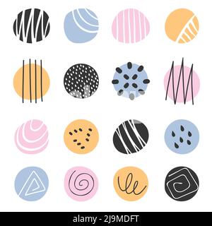 Set mit abstrakten Runden. Handgezeichnete Doodle-Kreisformen mit Flecken, Tropfen, Kurven, Linien, Spiralen, Mit Kritzelmuster. Zeitgenössische Muster, Hintergrund, Poster, Social-Media-Vorlagen Vektor-Illustration Stock Vektor