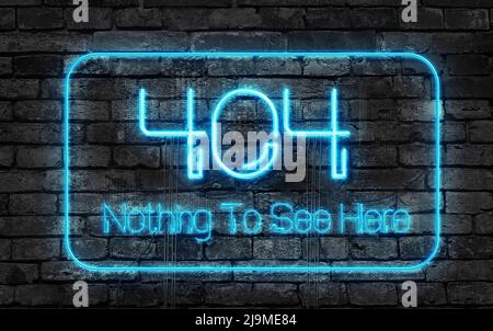 404 nichts zu sehen hier Neon Zeichen auf einer dunklen Wand Stockfoto