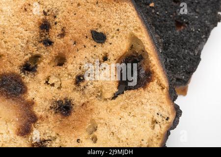 Brot, das auf einer Seite verkocht und zu einer Zünette verbrannt wurde. Bei Acrylamid und Krebs, Lebensmittel ungenügend zum Essen, schlechte Küchenkenntnisse, nicht in der Lage zu kochen. Stockfoto