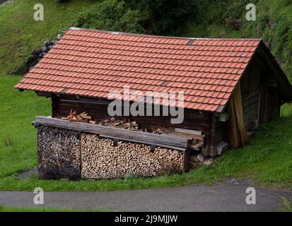 Große Baumstämme aus Holzprodukten der Holzindustrie, Forstwirtschaft zur Lagerung in einem Bauernhaus im Landdorf Schattenhalb in der Schweiz Stockfoto