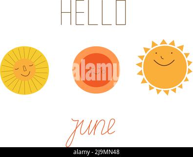 Sun-Symbol gesetzt. Vector Yellow Sun Star Icons Kollektion. Hallo Juni, Sommerkonzept. Vektordarstellung auf weißem Hintergrund isoliert. Stock Vektor