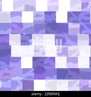 Zufällige Patchwork lila Mosaik Pixel Raster nahtlose Muster. Moderne geometrische quadratische Form Fliesen Trend Textur. Farbe des Jahres 2022 geriert Stockfoto