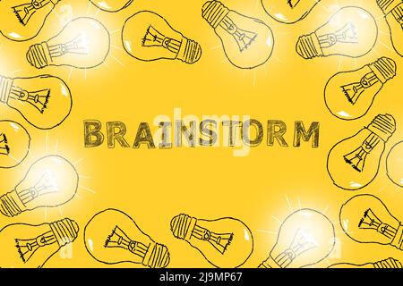 Blinkende Glühbirnen handgezeichnet auf gelbem Hintergrund mit Schriftzug BRAINSTORM. Stockfoto