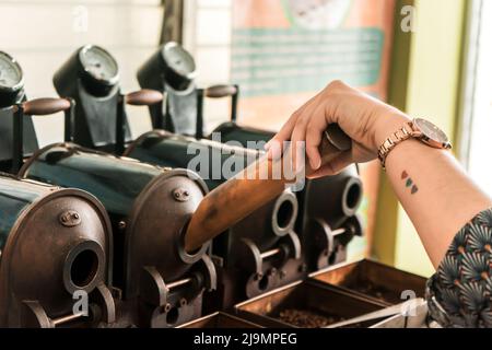 Nahaufnahme einer lateinischen Frau, die in einer manuellen Maschine Kaffee zum Braten einlegt Stockfoto