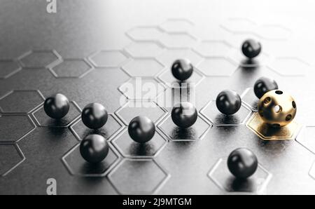 Viele Kugeln und eine andere mit goldener Farbe und Löchern auf schwarzem Hintergrund. Konzept der Strategie zur Markendifferenzierung. 3D Abbildung. Stockfoto