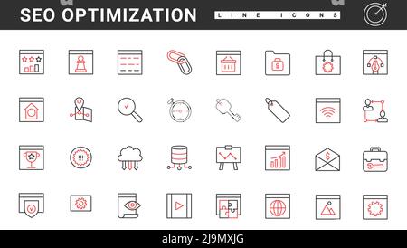 SEO-Optimierungsservice, Social-Media-Kampagne und Analysen dünne rote und schwarze Linien Symbole setzen Vektor-Illustration. Abstrakte digitale Analyse des Webverkehrs, Kommunikationsforschung und -Unterstützung Stock Vektor