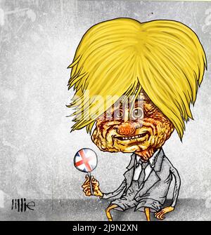 Karikatur-Satire-Zeichentrickfilm, Michael Fabricant Konservativer Abgeordneter für Lichfield Staffordshire, gekleidet in Schuljungen-Uniform mit Gewerkschaftsflagge Lollypop. Stockfoto