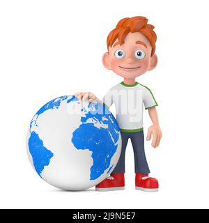 Cartoon Little Boy Teen Person Figur Maskottchen mit Erdkugel auf weißem Hintergrund. 3D Rendering Stockfoto