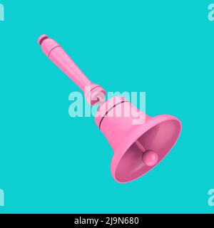 Vintage Pink School Bell im Duotone Style auf blauem Hintergrund. 3D Rendering Stockfoto