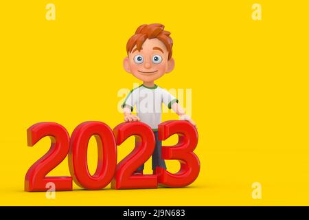 Cartoon Little Boy Teen Person Figur Maskottchen mit rotem 2023 Neujahr Zeichen auf einem gelben Hintergrund. 3D Rendering Stockfoto