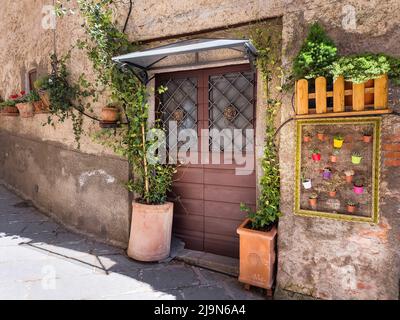 Charmante, blumige Gassen typisch italienischer Dörfer. Civita di Bagnoregio mit flackeren Wänden. Italien Stockfoto