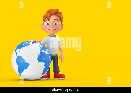 Cartoon Little Boy Teen Person Figur Maskottchen mit Erdkugel auf einem gelben Hintergrund. 3D Rendering Stockfoto