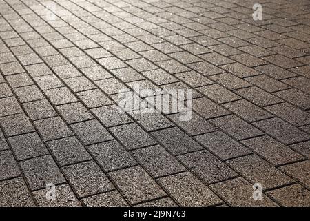 Steinpflaster, gepflasterte Straße im Sonnenlicht. Straße von Fliesen Stockfoto