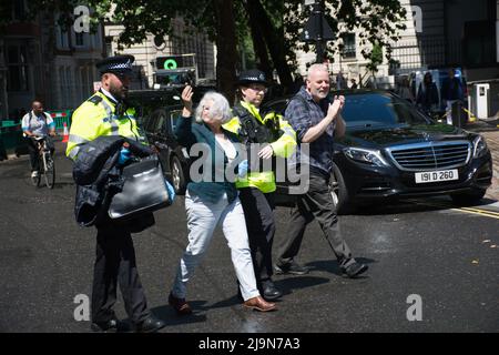 Der letzte Extinction Rebellion „Just Stop Oil“-Superkleber an der Tür, der von der Polizei während der Shell-Hauptversammlung entfernt wurde. Shell AGM ist in Nigeria noch in Betrieb. Ein Name der Extinction Rebellion Tom Say, die Realität ist, dass Nigeria vollständig von der britischen Regierung kolonisiert wird und eine große Bevölkerung Nigerianer mit Krebs aus der Shell-Ölförderung infiziert ist. Shell zahlt die korrupte Regierung von Nigeria, um Waffen gegen das eigene Volk zu finanzieren, das schlimmste in mehr Afrika Nation, alle Wasser werden mit Gift vor der methodistischen Central Hall Westminster, Story’s Gate, London, Großbritannien beendet. - Stockfoto