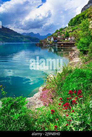 Idyllische Natur der Schweizer Seen - Walensee, ruhiges typisches kleines Dorf Quinten. Schweiz malerische Landschaft Stockfoto