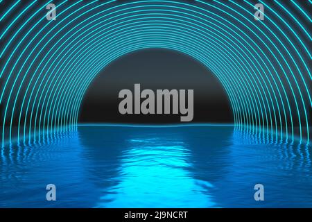 Korridor aus blauen Neon halbrunden Linien über dem Wasser. 3D Rendern Stockfoto