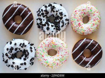Flaches Lay-Bild von sechs Ringdonuts mit weißer Glasur und bunten Hunderttausenden, Schokolade und Streifen und weißer Glasur mit schwarzen Keksen Stockfoto