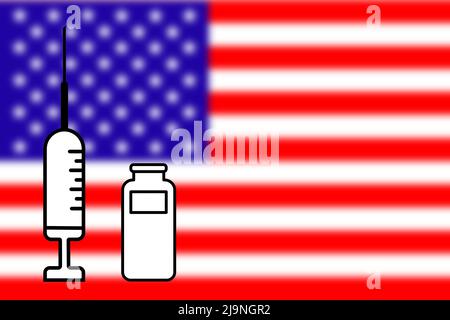 Impfstoff. Design eines Impfstoffs mit seiner Ampulle mit der Flagge der Vereinigten Staaten im Hintergrund. Horizontales Design. Pocken. Monkeypox. Coronavirus. Covid. Stockfoto