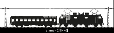 Elektrische Lokomotive mit PKW. Trainiere Silhouette. Flache Vektorgrafik isoliert auf weißem Hintergrund. Stock Vektor