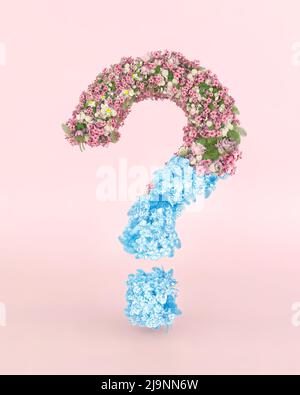 Fragezeichen aus frischen Frühlingsblumen und kaltem Eis. Schön gestellte Fragen bringen eine positive Antwort. Flach lag auf pastellrosa Hintergrund. 3D Illust Stockfoto