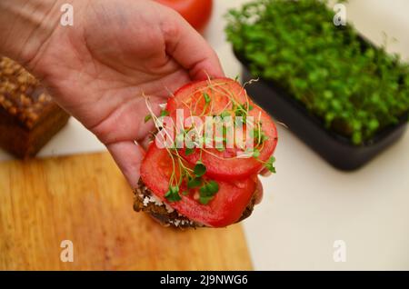 Das Mädchen kocht und isst zum Frühstück Salat, Tomate, Weichkäse. Veganes Sandwich mit Roggenbrot, Spinat, mikrogrün isoliert auf weiß, zu Stockfoto