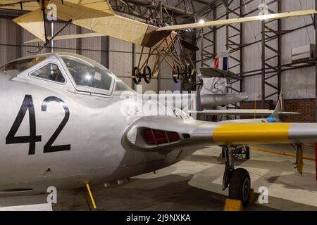 York.Yorkshire.Vereinigtes Königreich.Februar 16. 2022.Ein Vampir-Kampfflugzeug ist im Yorkshire Air Museum ausgestellt Stockfoto