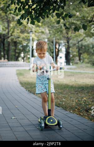 Kind auf Tretroller im Park. Kleiner Junge beim Schlittschuhlaufen an sonnigen Sommertagen. Aktivitäten im Freien für Kinder auf einer sicheren Wohnstraße. Aktiver Sport für pres Stockfoto