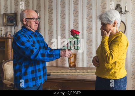 Älterer europäischer Mann, der seiner geliebten Frau zu Hause eine frische rote Rose schenkt, Medium Shot Love and Seniority Concept. Hochwertige Fotos Stockfoto