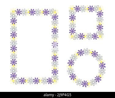 Set mit Blumenmustern und Kamille. Handgezeichnete dekorative Gänseblümchen-Ränder, Umrisslinien, Kreis-, Quadrat-, Rechteck-Formen. Bearbeitbare Blumen. Vektor Stock Vektor