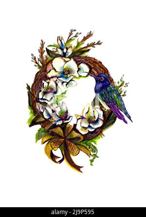 Watrtcolor Magnolienkranz mit Kolibri auf einem isolierten weißen Hintergrund für Postkarten, Poster, Einladungen Stockfoto