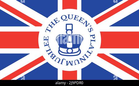 Das Platin-Jubilee-Festplakat der Queens auf britischem Flaggen-Hintergrund mit der Krone der Königin Elizabeth. Vektorgrafik für Ihre Majestät die Königin über ihre 70 Jahre Dienst von 1952 bis 2022 Stock Vektor