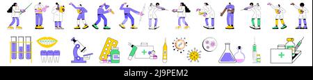 Bunte lineare Vektor isolierte Illustration bündeln Satz von medizinischen Arbeiter Zeichen. Krankenhausärzte und Krankenschwestern, medizinisches Labortestrohr, Zahnmedizin und Pharmazie, Krankheitsdiagnose und -Behandlung Stock Vektor