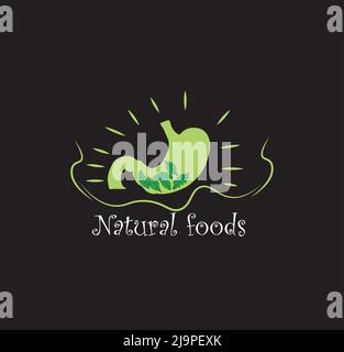 Healty Logo, estomac mit Pflanzen für Logo von natürlichen Lebensmitteln, healty flaches Logo isoliert auf schwarzem Hintergrund.Vektor-Illustration. Stock Vektor