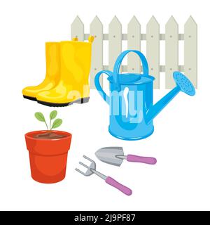 Konzept der Gartenarbeit. Set Gartengeräte. Stock Vektor