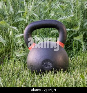 Schwere eiserne Kugelhantel auf grünem Gras in einem Hinterhof - Fitnesskonzept im Freien Stockfoto