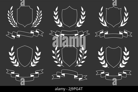 Schild Kranz Band Emblem Banner weiße Glyphe Set. Royal Guard blank Vorlage schützen Garantie Insignien. Schilder Inschrift Auszeichnung alten griechischen Blättern. Militärische Wappenwaffen mittelalterliche Rüstung isoliert Stock Vektor