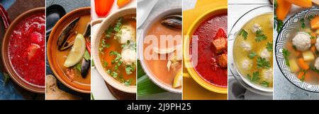 Set von leckeren Suppen in Schüsseln, Draufsicht Stockfoto