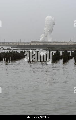 Jersey City, NJ - USA - 20. Mai 2022 Eine neblige Morgenansicht des Newport-Abschnitts von Jersey City. Mit Water's Soul, einer Skulptur entlang des Hudson Stockfoto