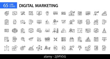 Großer Satz von 65 digitalen Marketing-, SEO-, SMM- und Web-Design-Icons. Pixelperfekte, bearbeitbare Strichführung Stock Vektor