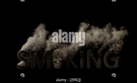 Text Rauchen mit Schädelrauchen auf schwarzem Hintergrund, isoliert - Abstract 3D Rendering Stockfoto