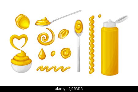 Senfspots, Spritzer mit Löffel, Flasche und Schüssel von oben, Seitenansicht. Stock Vektor