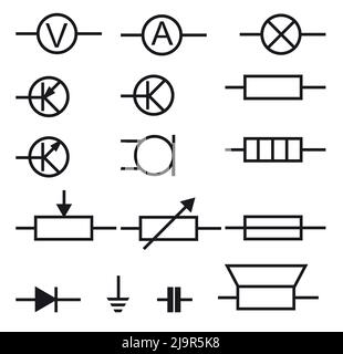 Satz der Funkkomponente. Funkelektronik. Symbolische Bezeichnung. Widerstand, Transistor, Diode und Kondensator. Isoliert auf weißem Hintergrund. Vecto Stock Vektor