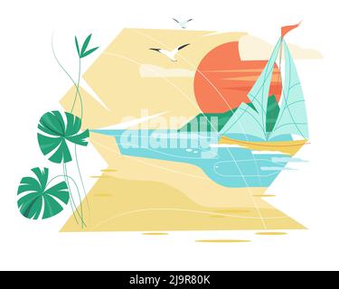 Sommer Küste Meer, tropischen Strand flach Vektor-Illustration isoliert auf weißem Hintergrund. Dekoratives Banner am Meer. Stock Vektor