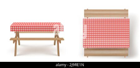 Holzpicknicktisch mit langen Bänken und rot-weiß karierter Tischdecke 3D realistischer Vektor. Camping, Garten oder Park Holzmöbel für Grill mit Sitz und Textilbezug, isoliert auf Hintergrund, Stock Vektor
