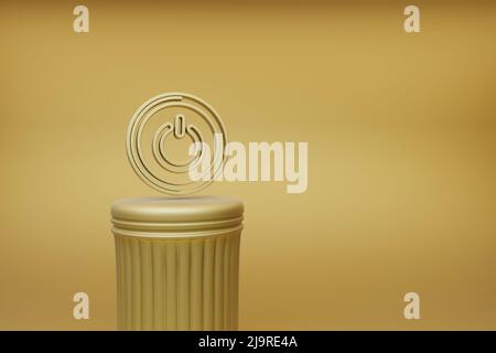 Schöne abstrakte Illustrationen goldene runde Power-Taste Musik Symbol Symbole auf einer goldenen Säule und wunderbaren Hintergrund. 3D Rendering-Illustration. Stockfoto