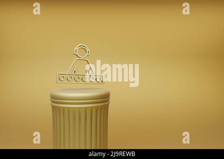 Schöne abstrakte Illustrationen goldener DJ mit Kopfhörer Musik Symbol Symbole auf einer goldenen Säule und wunderbaren Hintergrund. 3D Rendering-Illustration. Stockfoto