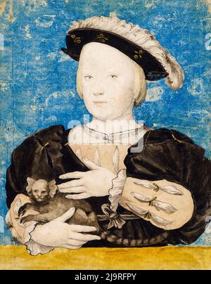 Ein Junge mit einem Marmoset, früher bekannt als König Edward VI. (1537–1553), Ölporträt von Hans Holbein dem Jüngeren, 1532-1535 Stockfoto