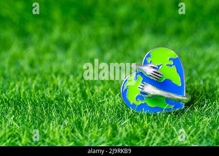 Nahaufnahme einer emaillierten Nadel in Form von kleinen Händen, die einen herzförmigen Globus umarmen, der auf einem grünen Grashintergrund mit Kopierfläche platziert ist. Umweltschutz Stockfoto