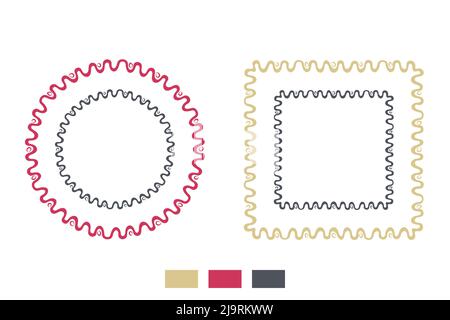 Rahmen umreißen gesetzt. Handgezeichnete dekorative Pinsel Strich Grenzen, Zickzack gekritzelte Tinte Linie, Kreis, quadratische geometrische Formen. Weißer Hintergrund Stock Vektor